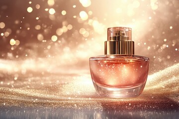 Poster - Golden liquid captures the light in an elegant bottle resting on shimmering fabric in a luxurious setting