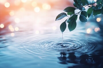 Aufkleber - Rippling water reflects calming leaves as soft light sparkles on the surface in a serene outdoor environment during a peaceful morning