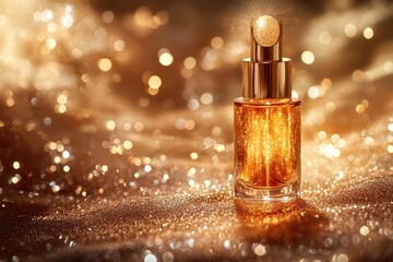 Poster - Golden liquid captures the light in an elegant bottle resting on shimmering fabric in a luxurious setting