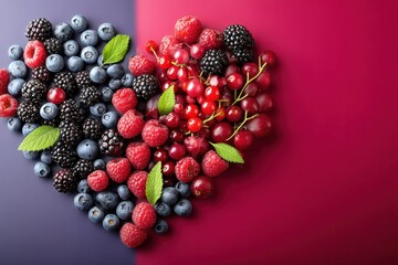 Aufkleber - Fresh Berries Arranged in a Heart Shape on a Vibrant Gradient Backdrop Showcasing a Colorful Fruit Display Perfect for Celebrations