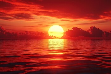 Poster - Vibrant sunset over calm ocean waters, casting a warm golden glow and colorful reflections on the surface at dusk