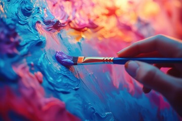Poster - Colorful abstract painting process with a brush held by a hand, highlighting vibrant hues and texture in a creative artistic workspace during evening light
