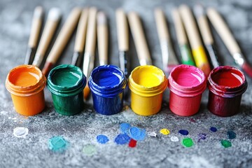 Fototapete - Colorful abstract painting process with a brush held by a hand, highlighting vibrant hues and texture in a creative artistic workspace during evening light