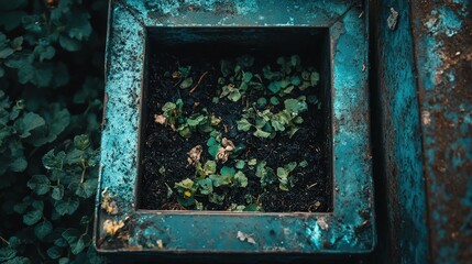 Aufkleber - Green plants growing in a weathered blue planter surrounded by lush foliage during early morning light in a serene garden setting