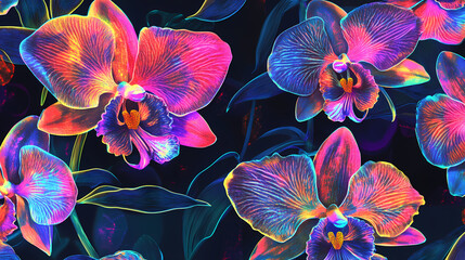 Wall Mural - Seamless dark background with bright flowers and abstract geometric elements. fantasy pattern of orchids and lillies with neon fluorescent effect. Neon Orchid. Illustration