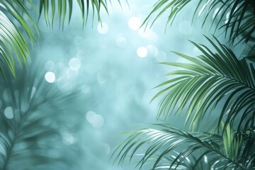 Aufkleber - Lush green palm leaves create a serene atmosphere in a tropical setting with soft bokeh lights in the background