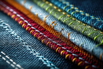 Poster - Detailed Texture of Denim Fabric Showcasing Colorful Stitching Patterns in a Close-Up View With Intricate Designs and Hues