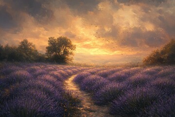 Aufkleber - Lavender fields stretching towards the horizon during sunset, showcasing vibrant colors and a peaceful atmosphere in nature's embrace