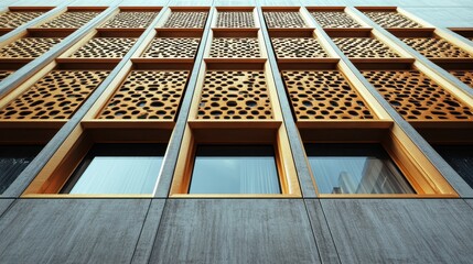 Fototapete - Architectural close-up of modern building design featuring textured materials and geometric shapes in an urban setting during daylight