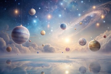 Wall Mural - a celestial panorama showcasing a serene planetary system with luminous orbs suspended above a tranq