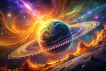 Wall Mural - a ringed planet's fiery celestial dance amidst cosmic nebulae and stellar dust