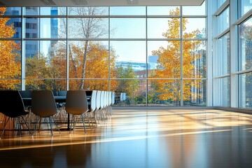 Aufkleber - Modern conference room with floor-to-ceiling windows showcasing vibrant autumn trees and bright sunlight in an urban setting
