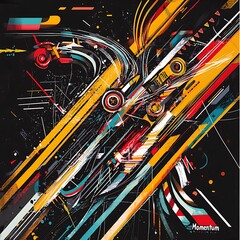 Wall Mural - A black and yellow abstract painting with a red arrow