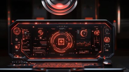 Displaying Futuristic Computer Interface with Red Holographic Elements and Data