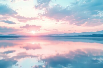 Aufkleber - Serene sunrise over calm lake surrounded by mountains and clouds in peaceful morning light
