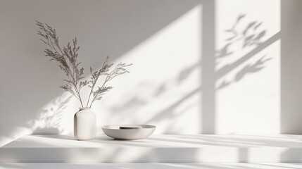 Aufkleber - Elegant minimalistic interior featuring a vase with branches, soft curtains, and a decorative bowl in a serene, well-lit space
