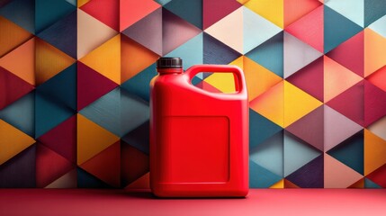 Leinwandbilder - Bright Red Jerrycan Stands Against a Vivid Geometric Background Creating a Striking Visual Contrast and Enhancing the Overall Composition of the Setting