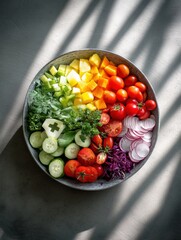 Aufkleber - Fresh Rainbow Salad Bowl Featuring a Variety of Vegetables With a Medical Cross Shadow on a Concrete Surface