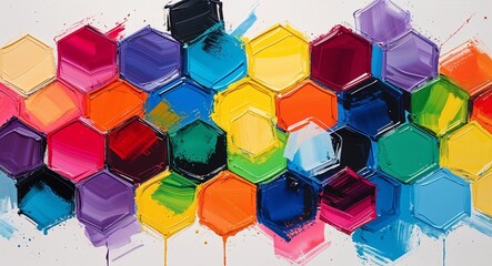 colorful hexagons acrylic brush strokes abstract pattern art design on plain white background illustration
