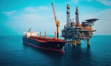 Offshore oil rig and cargo ship at sea, energy industry, global trade