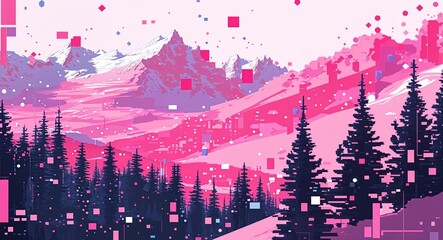 pink winter digital glitch pixel abstract pattern art design on plain white background illustration
