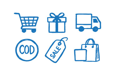 handdrawn e-commerce icons in doodles style. shopping and delivery icon set with cod, sale tag. onli