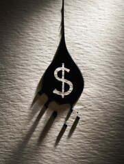 Aufkleber - Black Droplet Casting Dollar Sign Shadow on Textured Paper Background With Subtle Light and Shadow Play Enhancing the Composition