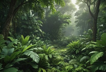 Wall Mural - Lush green undergrowth, vibrant tropical leaves, dense jungle floor ,  moist,  organic