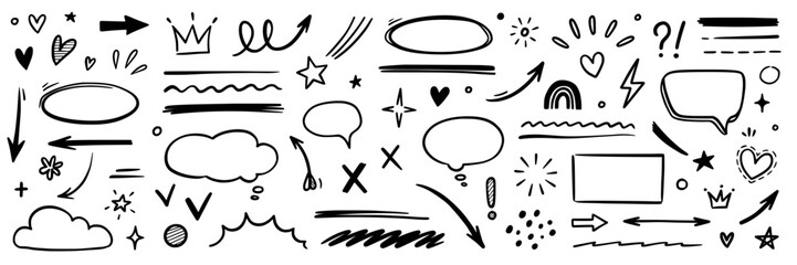 Aufkleber - Line hand drawn brush marker arrow, heart shape element set. Hand drawn sketch marker underline shape, arrow, star marker brush pen stroke icon heart element. Vector illustration