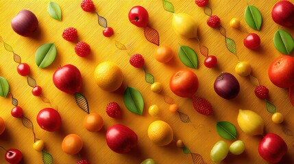 Poster - Colorful Fruits Arranged in a Spiral Pattern Resembling DNA Against a Vibrant Background