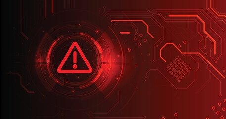 Fototapete - Hacking Concept. Attention warning attacker alert sign with exclamation mark with a circuit board with electronic elements on dark red background. Security protection Concept. 