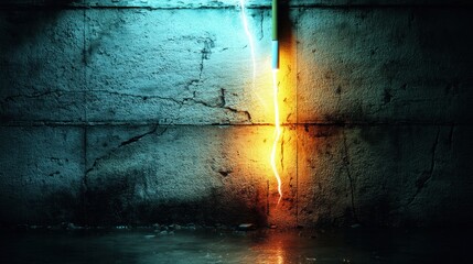 Poster - Glowing Neon Broken Cigarette Illuminating Textured Urban Wall During Nighttime