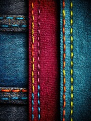 Poster - Close up of Textured Denim Fabric Showcasing Vibrant Stitching Details in Various Colors