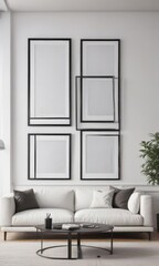 Wall Mural - Bright modern living room with empty black frames on a white wall, minimalist aesthetic,  setting,  condo,  white wall