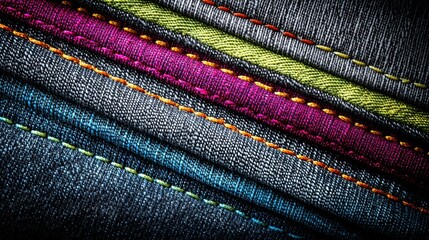 Poster - Detailed Texture of Denim Fabric Featuring Vibrant Stitching in Various Colors Highlighting the Craftsmanship and Design Elements of Textile Art