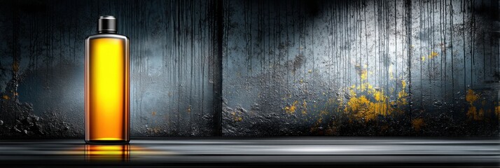 Poster - Crude Oil Bottle Mockup on Glossy Industrial Surface With Textured Background Highlighting Design Elements and Materials
