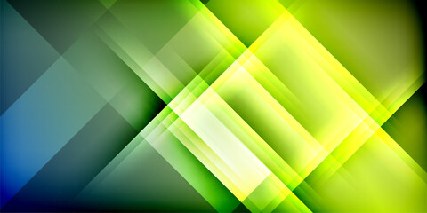 Poster - Abstract geometric background. Overlapping squares create dynamic visual effect. Shades range from vibrant yellow to deep green, with blue accents. Modern design.