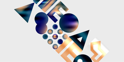 Fototapete - Abstract composition featuring geometric shapes, circles, triangles, text elements. Gradient colors dominate design, creating modern aesthetic. Light gray background enhances visual contrast.