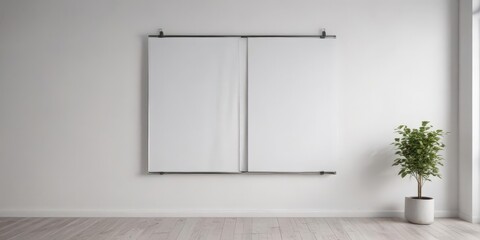 Wall Mural - Hanging poster frame mockup; white wall, metal clips, shadow, empty, modern interior,  advertisement,  studio