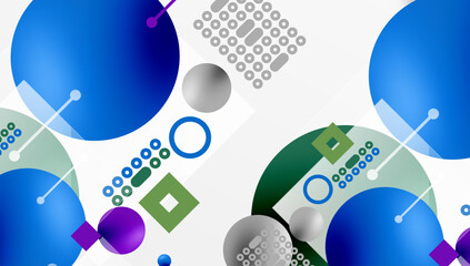 Poster - Abstract composition featuring circles, squares, dots. Blue, green, purple hues dominate design. Spheres create depth, geometric shapes overlap, forming modern pattern.