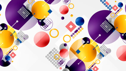 Aufkleber - Abstract geometric composition. Circles, squares, lines create dynamic pattern. Yellow, purple, red, blue hues dominate design. Modern aesthetic, clean shapes.