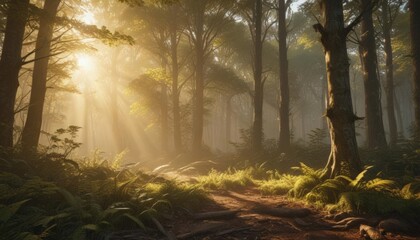 Wall Mural - Golden sunlight streams through dense canopy, illuminating forest floor ,  serene,  panorama