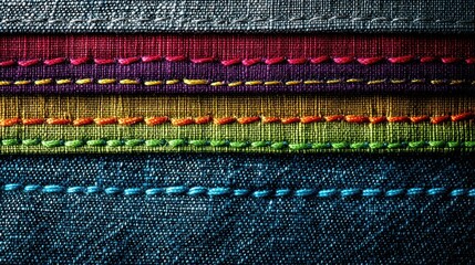 Poster - Close-up View of Textured Denim Fabric With Vibrant Stitching in Various Colors Highlighting Fabric Detail and Craftsmanship