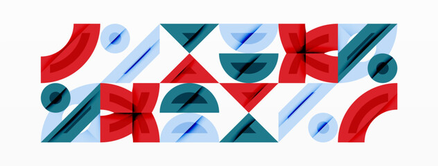 Poster - Geometric pattern features repeating shapes. Red, teal, light blue colors create dynamic composition. Minimalist design evokes modern aesthetic. Clean lines, simple forms dominate visual space.