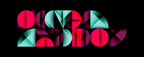 Poster - Abstract geometric composition featuring colorful shapes forming text. Pink, teal hues dominate dark background. Modern design, vibrant, dynamic visual.