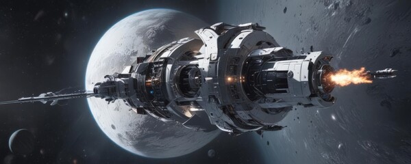 Wall Mural - sleek spacecraft orbiting luminous white planet , astronomy, spaceship