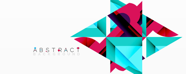 Fototapete - Geometric shapes overlap creating vibrant abstract design. Pink, teal, purple hues dominate composition. Modern aesthetic, clean lines, dynamic visual impact.