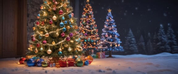 Wall Mural - Sparkling Christmas tree, colorful ornaments, glowing lights, winter wonderland ,  xmas,  vibrant