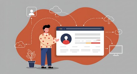 Man presenting user profile dashboard interface with connecting cloud services and computer