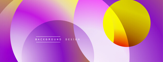 Fototapete - Abstract colorful background. Overlapping circles create dynamic visual effect. Gradient shades of purple, yellow, orange present modern design. Smooth transitions, vibrant hues.